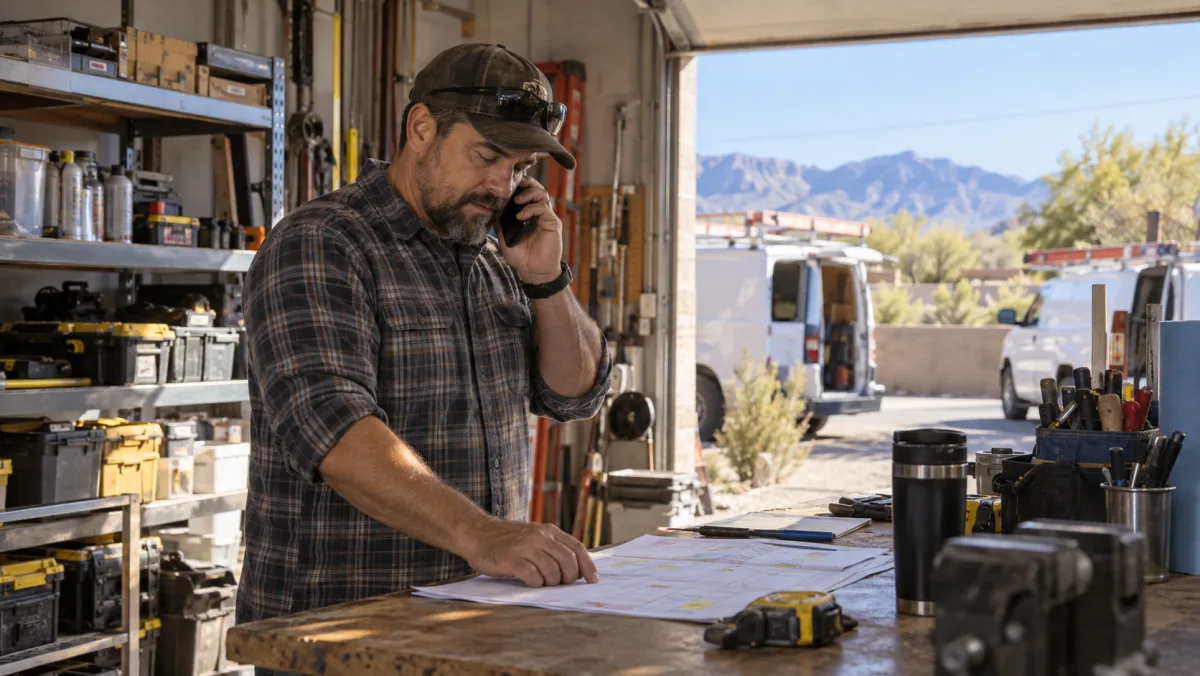 Illustrative contractor checking a work plan in a workshop, with Southwest mountains beyond the door.