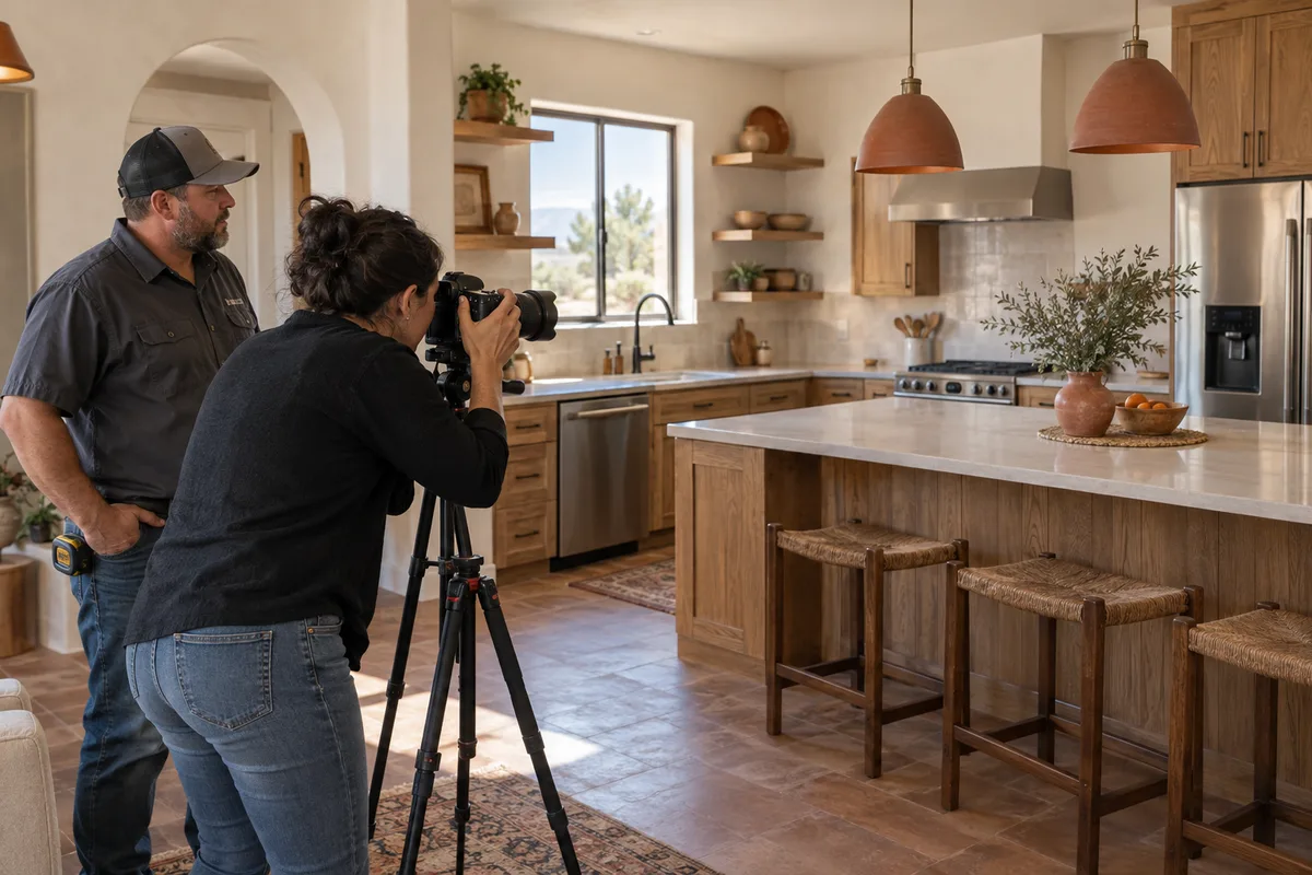 Illustrative scene of a photographer and contractor documenting a completed Southwest kitchen remodel for a website portfolio.