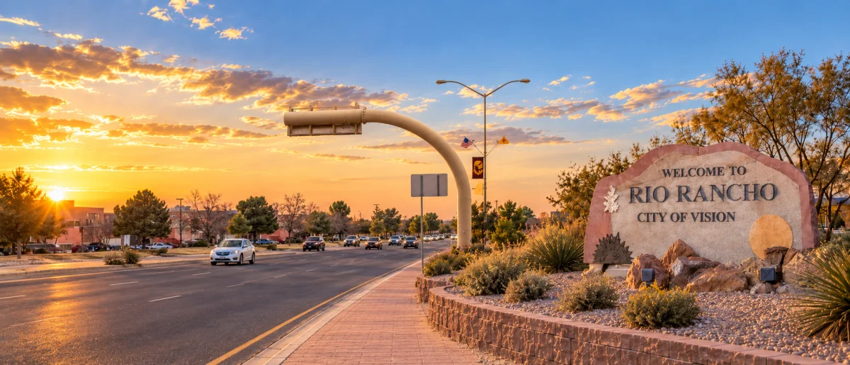 Welcome to Rio Rancho, City of Vision sign beside a road at sunset, with desert landscaping in the foreground.