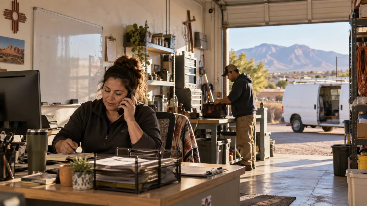 Illustration of a business owner working at a desk in a Southwest workshop.