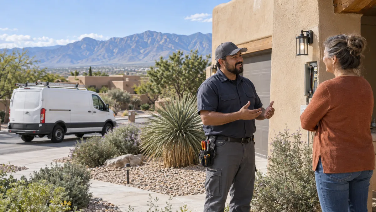 Illustration of a contractor discussing work with a homeowner outside a stucco home.