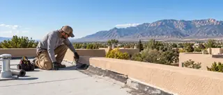 Illustration of a roofer working on a flat Southwest roof.